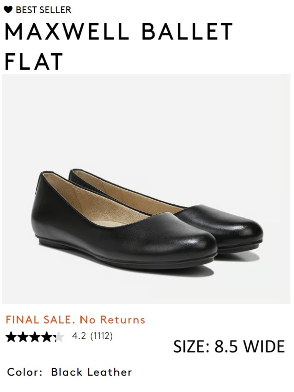 Naturalizer BNWT 8.5W Classic Black Leather Ballet Flats Maxwell 8.5 Wide
